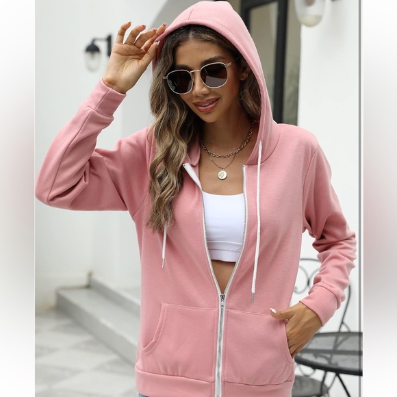 Women's Pink XL Fashion Hoodie Drawstring Sweater Zip Up - Picture 3 of 6